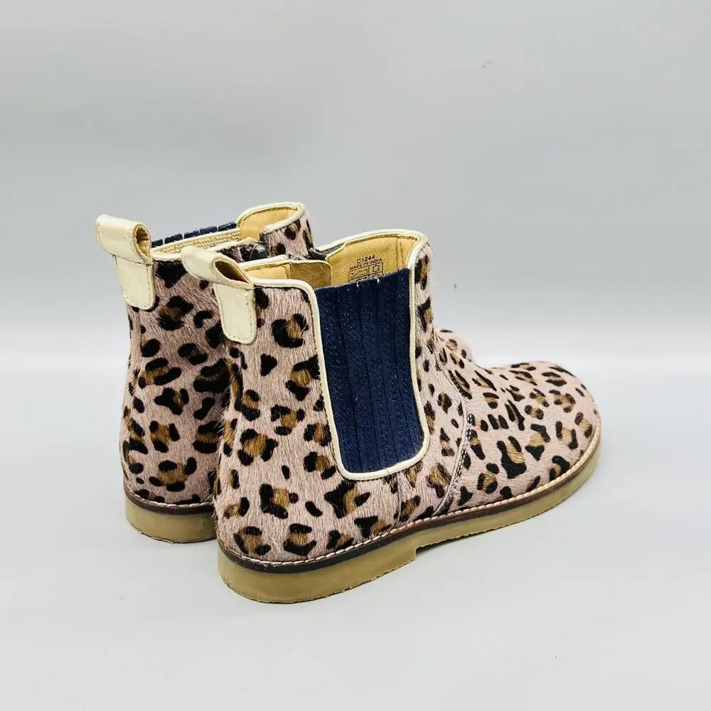 Mini Boden Boots Girls 1 Brown Leopard Print Calf Hair Chelsea Ankle Zip Shoes